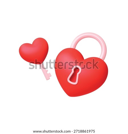Keylock heart shape. Red lock with keyhole and key to open it. Romantic style 3d icons, render design. Love relationship, marriage, wedding vector symbol