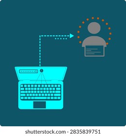 Keylogger icon: a cybersecurity vector illustrating keystroke interception. Keystrokes are captured at an interception point on the device itself, between the keyboard and the screen, before they ever reach their intended destination. Instead of appearing on-screen as typed, the input is diverted along a hidden back-channel to a concealed observer, who reviews the captured text as a running log. Part of a vector icon set visualizing cyber attack, defence, and security mechanisms.