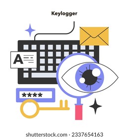 Keylogger. Registro de pulsaciones de teclado, malware peligroso que registra las teclas golpeadas en un teclado. El software malicioso de espionaje registra las pulsaciones de teclas y rastrea la actividad en línea. Ilustración vectorial plana