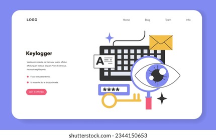 Keylogger web banner or landing page. Keystroke logging, dangerous malware recording the keys struck on a keyboard. Malicious spy software recording keystrokes. Flat vector illustration