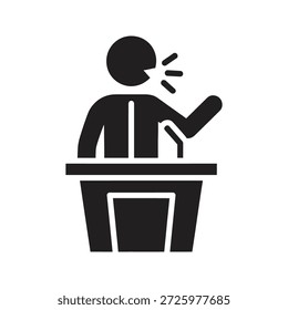 Keynote speaker icon talking behind podium for conference presentation lecture debate and political campaign public announcement voice