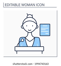 Keynote Speaker Line Icon. Talks About Important Things. Motivation Speech. Underlying Tone, Core Messages. Strong Successful Woman Concept. Isolated Vector Illustration.Editable Stroke