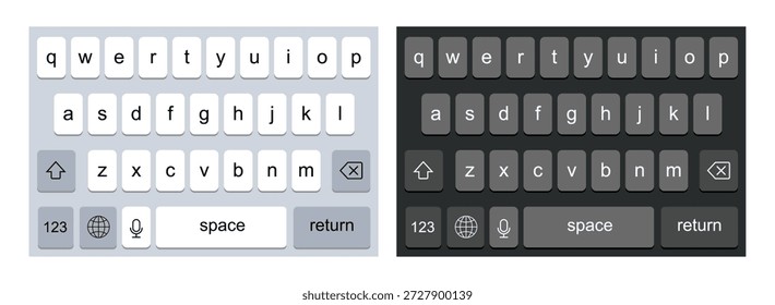 Ilustración vectorial de diseño de teclado, teclado de diseño de smartphone.  Teclado del smartphone con letras inglesas aisladas.