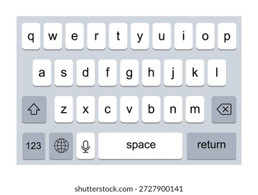 Ilustración vectorial de diseño de teclado, teclado de diseño de smartphone.  Teclado del smartphone con letras inglesas aisladas.