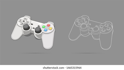 Keypad, gamepad, controller, input device. Console gaming, video games, entertaiment, arcade. Retro Gaming controller line and color drawing. Flat style, colorful, vector gaming illustration. 