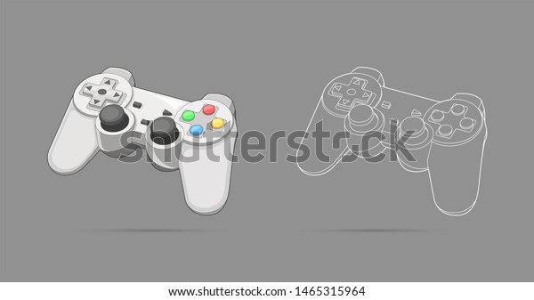 Keypad, gamepad, controller, input device. Console\
gaming, video games, entertaiment, arcade. Retro Gaming controller\
line and color drawing. Flat style, colorful, vector gaming\
illustration. 