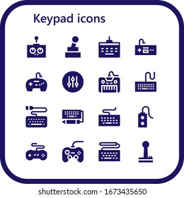 keypad icon set. 16 filled keypad icons. Included Remote control, Joystick, Keyboard, Gamepad, Controller icons