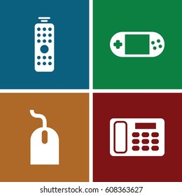Keypad icons set. set of 4 keypad filled icons such as mouse, portable console, desk phone