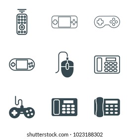 Keypad icons. set of 9 editable filled and outline keypad icons such as joystick, desk phone, portable console, remote control
