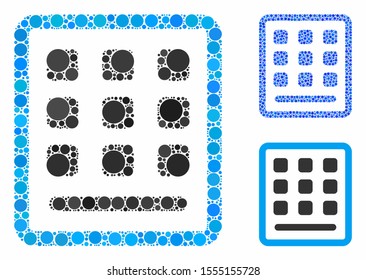 Keypad mosaic of circle elements in various sizes and color hues, based on keypad icon. Vector circle elements are composed into blue composition. Dotted keypad icon in usual and blue versions.