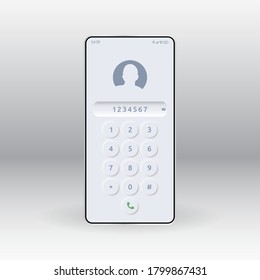 Keypad with numbers on screen phone. Neumorphic UI, round buttons, UX white user interface elements for smartphone. Keyboard template in touchscreen device. Vector illustration