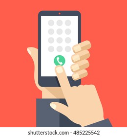 Keypad on smartphone screen. Mobile phone call. Hand holds smartphone, finger touches screen. Modern concept for web banners, web sites, infographics. Creative flat design vector illustration
