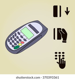 keypad and POS-Terminal - simple icons of hand with credit card