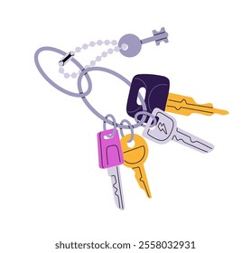 Keyring with chain, bunch of different hanging keys to lock and unlock home, office doors, car. Keychain, keyholder ring, keyfob pendant. Flat isolated vector illustration on white background