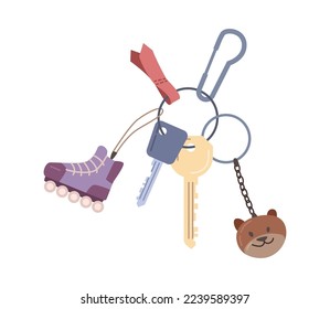 Keyring and key for apartment, house or real estate property, flat cartoon vector illustration. Keys with keychain, chain pendant with animal face and shoes. Home keyholder, keyring loss protection