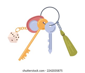 Keyring loss protection, real estate house pocket keys, real estate property rent and sale concept. Vector illustration of keyholder keyrings, key for apartment, unlock object