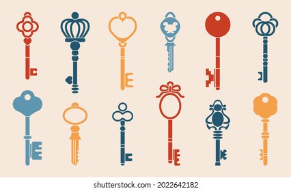 Keys. Antique keys silhouettes and worms wit heads and tails, house lock keys graphic template. Vector retro key logo collection