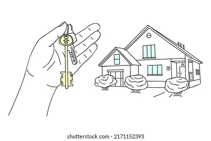 Keys to apartment in hand, against backdrop of house. Real estate or new building, buying or renting home, mortgage or sale. Simple line drawing, sketch. Editable contour. Vector