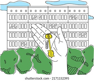 Llaves para el apartamento en la mano, contra el telón de fondo de la casa. Inmobiliaria o nueva construcción, compra o alquiler de vivienda, hipoteca o venta. Dibujo de línea simple, esbozo. Contexto editable. Vector