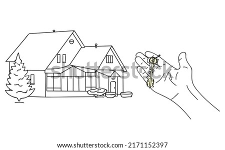 Keys to apartment in hand, against backdrop of house. Real estate or new building, buying or renting home, mortgage or sale. Simple line drawing, sketch. Editable contour. Vector