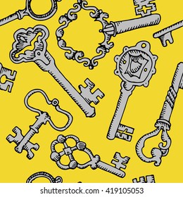  The keys background. Vintage metal key. Hand drawn vector stock illustration. Seamless background pattern.