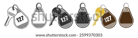 Keys with badge for room, hotel room, locker or storage room isolated on transparent