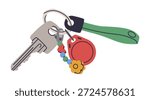 Keys bunch. Modern door keys with keychain, real estate property locking keys flat vector illustration. House keys on white background