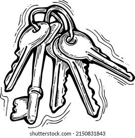 Keys bundle to open, lock door, safe, gate. Real estate symbol of new house, apartment, property owner privacy, security. Rent, buy home. Hand drawn vintage vector illustration. Old style line drawing