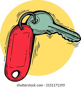 Keys bundle to open, lock door, safe, gate. Real estate new house symbol, apartment, property owner privacy, security. Rent, buy home. Hand drawn retro vintage vector illustration. Old style drawing