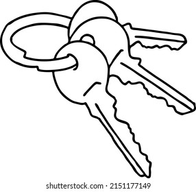 Keys bundle to open, lock door, safe, gate. Real estate symbol of new house, apartment, property owner privacy, security. Rent, buy home. Hand drawn vector illustration. Simple line drawing.