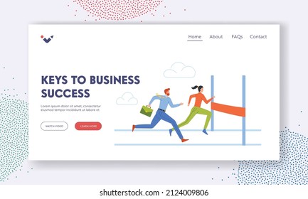 Keys to Business Success Landing Page Template. Business Characters Running on Stadium with Finish Line Hold Briefcase, Successful Businesswoman and Businessman Run. Cartoon People Vector Illustration