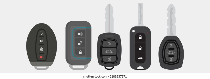 Keys to the car. Five types of keys on a gray background.