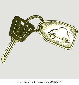 Keys to the car with metal keychain. Vector image