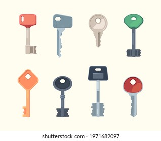 Keys collection. Steel and golden modern and retro keys safety home protection items security locks garish vector pictures set