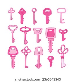 Keys colored set. Various vintage, antique and modern Keys with ornate heads. All elements are isolated. Vector illustration