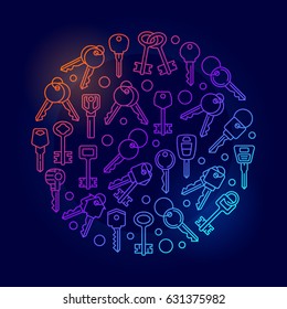 Keys colorful round illustration. Vector sign made with outline car and house keys on dark background