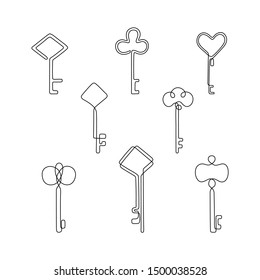 Keys continuous line drawing set, tattoo, logo design and print for clothes, key silhouette one single line on a white background, isolated vector illustration.