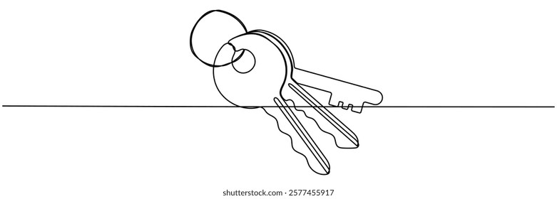 Keys continuous one line art drawing. Private security symbol. Vector hand drawn illustration isolated on white.