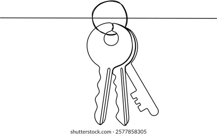 Keys continuous one line art drawing. Private security symbol. Vector hand drawn illustration isolated on white.