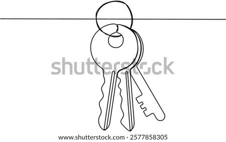 Keys continuous one line art drawing. Private security symbol. Vector hand drawn illustration isolated on white.