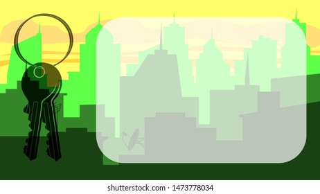 Keys and copy space against the background of the city, suitable for a real estate company and any inscription about the city or apartment. EPS-10