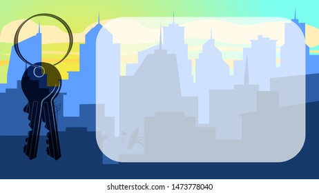 Keys and copy space against the background of the city, suitable for a real estate company and any inscription about the city or apartment. EPS-10