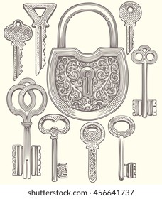 Keys. Design set. Hand drawn engraving. Vector vintage illustration. Isolated on color background. 8 EPS