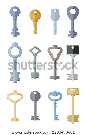 Keys of different colors and shapes vector illustration set. Twelve different types keys isolated on white background. Access concept.
