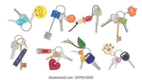 Keys with different magnetic keychains and fobs, handcraft trinket, cute bibelot and pendent set