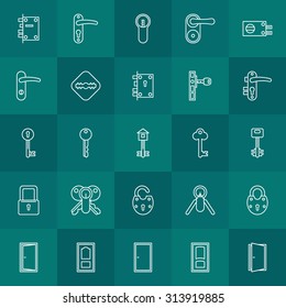 Keys and door lock icons - vector set of white linear symbols or logo elements
