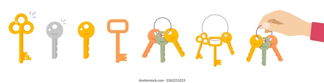 Keys door set isolated vector flat graphic, silver gold bronze latchkeys bunch on ring in hand holding illustration clipart vintage old retro collection image