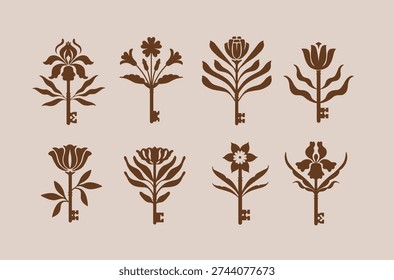 Keys and flowers botanical collection drawing in floral art style on with brown color on beige background