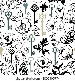 Keys and flowers vintage pattern. Retro wallpaper. Hand drown design. Floral vector seamless