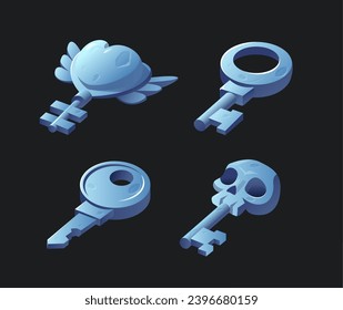 Keys game element set. Various decoration stone magic key. Game UI asset. Isolated cartoon vector illustration on black background.